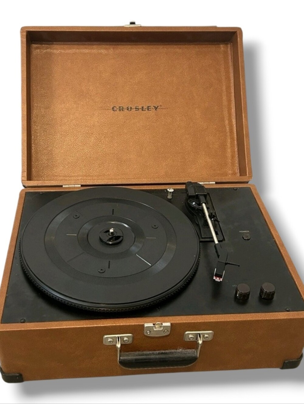 The Crosley CR49-TA Portable Suitcase Turntable Record Player in Brown is a styl